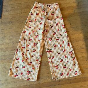 FARM Rio Yellow Gingham Wide-Leg Pants with Red Cherry Print